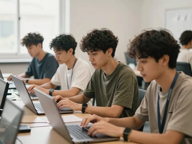 Young adults collaborating on laptops in a brightly lit, modern digital lab, natural daylight, candid medium shot, warm organic tones