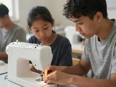 A young mentor guiding another youth on a sewing machine in a vocational workshop, natural daylight, candid close-up on hands, warm organic tones