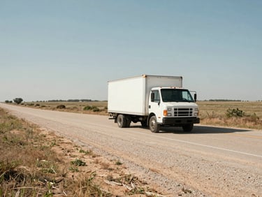 A white delivery truck parked on the gravel shoulder of a quiet rural Texas highway, expansive flat landscape, bright midday sun.