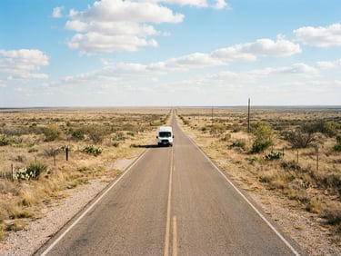 Wide environmental shot of a flat rural Texas road stretching to the horizon under bright natural sunlight, a white logistics van visible in the distance.