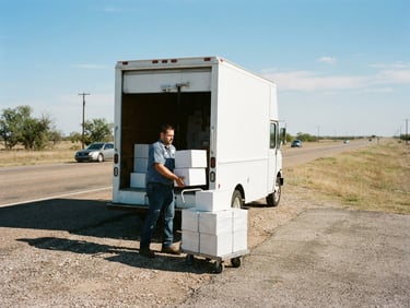 A bright daylight shot of a white delivery truck being loaded with sterile medical boxes, flat Texas highway horizon in the background, 35mm lens.
