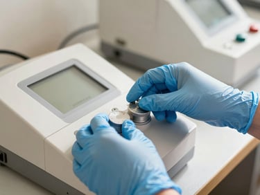 Close-up of hands wearing blue nitrile gloves calibrating a medical device with precise dials, bright natural workshop lighting.