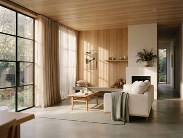 Wide environmental architectural shot of a sun-drenched minimalist room with light oak paneling, raw linen curtains, and soft morning window light casting long shadows