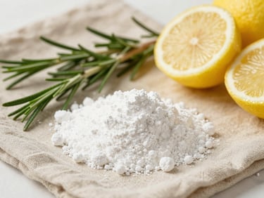 Bright editorial photography of natural cleaning ingredients like baking soda, lemon halves, and rosemary sprigs on a warm beige linen cloth, soft natural daylight, shallow depth of field, 35mm