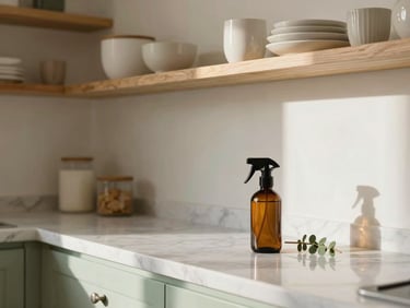 An immaculate, bright kitchen with gleaming marble countertops, organized wooden shelves, and a single amber glass spray bottle with a botanical sprig beside it, soft daylight