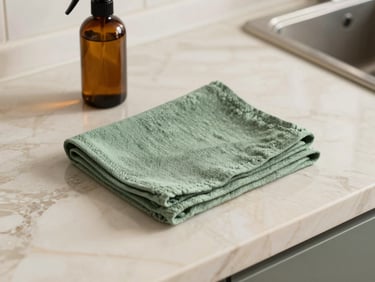 Close-up of a sparkling marble kitchen counter with a simple amber glass spray bottle and a folded sage green microfiber cloth, natural light