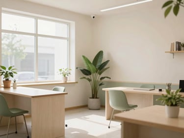 A bright, airy boutique office space with clean minimalist desks, potted plants, and pristine windows letting in soft daylight