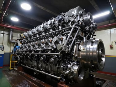 Low-angle wide-angle shot of a massive marine diesel engine block in a dark ship engine room, harsh overhead work lights casting sharp shadows on steel and grease.