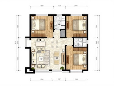 Architectural floor-plan drawing of a 3-bedroom apartment layout, shot straight-on under flat studio light, clean white background, precise ink lines showing room boundaries, no furniture staging