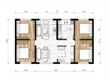 Architectural floor-plan drawing of a second 3-bedroom apartment layout variant, shot straight-on under flat studio light, clean white background, precise ink lines showing extended living area boundary, no furniture staging