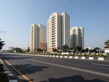 Architectural wide-angle shot of a broad six-lane urban road in Faridabad Sector 89 under clear midday light, high-rise residential block visible at the far end, road markings crisp, no pedestrians, daylight only