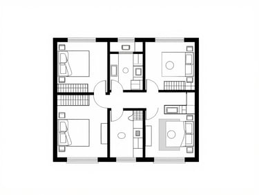 Architectural floor-plan drawing of a 4-bedroom apartment layout, shot straight-on under flat studio light, clean white background, precise ink lines showing larger master suite and separate study room, no furniture staging