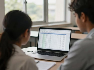 Over-shoulder view of a South Asian student reviewing a spreadsheet on a laptop at a classroom desk, natural daylight through large windows