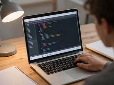 Close-up over-shoulder view of a student's laptop screen showing a coding interface with Python syntax, warm desk lamp light, notebook beside the keyboard