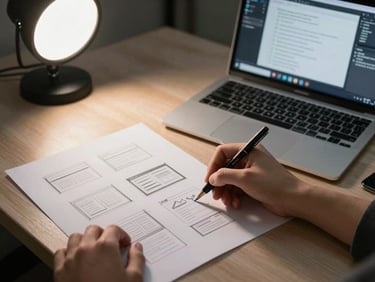 Student sketching UI wireframes on paper beside an open laptop showing a design tool, studio lighting, tidy workspace