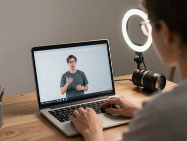 Close-up over-shoulder view of an instructor at a desk recording a lesson on a laptop, ring light reflected in glasses, studio-style lighting, neutral background