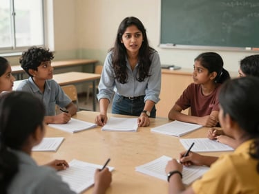Female instructor speaking to a small group of students seated in a circle, printed course materials on the table, warm classroom daylight, South Asian institutional setting
