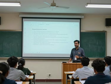 Instructor standing in front of a projected slide in a mid-size classroom, students taking notes in the foreground, cool overhead fluorescent lighting, Bangladesh university setting