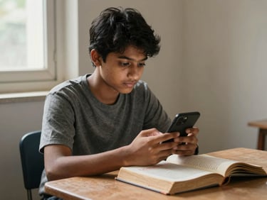 A South Asian student reading from a phone screen in a quiet corner, soft window light, a worn English textbook visible on the table beside them
