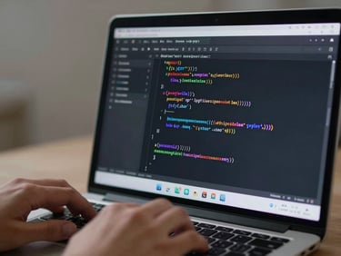 Close-up of a laptop screen showing a code editor with Python syntax, hands on keyboard, soft studio lighting, shallow depth of field