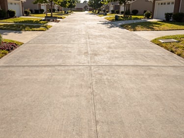Wide-angle architectural photograph of a modern fiber-reinforced concrete driveway in a suburban Marietta neighborhood, bright afternoon sunlight highlighting high-contrast textures.