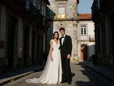 High-fashion portrait of a couple, Sofia and Miguel, in a historic Porto alleyway, dramatic architectural backdrop, natural light, high contrast, cinematic wedding photography, deep shadows, warm golden accents, rich contrast, 35mm film grain, slightly wide shot.