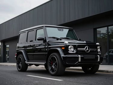 Cinematic low-angle shot of a black Mercedes-AMG G63 parked in front of modern dark architecture, overcast moody lighting.