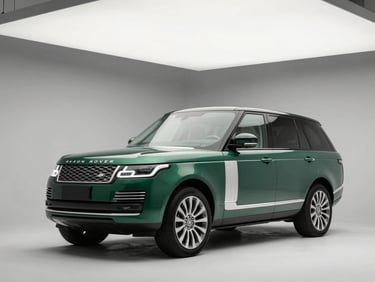 Clean studio shot of a deep metallic green Range Rover Autobiography, soft overhead studio lighting highlighting the luxury SUV silhouette.
