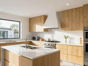 Bright newly remodeled modern kitchen, white quartz countertops, warm gold cabinet hardware, high-key natural daylight, sharp architectural focus.