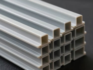 Studio shot of structured PVC cable channels stacked neatly, clean gray and white plastic, high-contrast industrial lighting