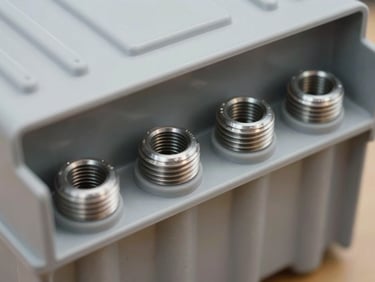 Close-up technical shot of a gray thermoplastic junction box, showing precise PG cable glands threaded into the entry points, bright neutral daylight.