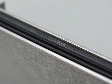 Close-up macro shot of the thick steel edge of an industrial electrical enclosure, showing the black rubber IP65 sealing gasket along the inner rim, clean neutral studio lighting.