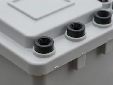 Close-up of industrial thermoplastic junction boxes with IP65 rubber seals, clean gray polymer, high-clarity technical framing