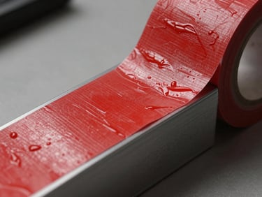 Adhesive backed cable channel profile, showing the protective red film being peeled off the strong double-sided tape.