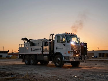 Wide shot of a Commerce Welding branded mobile welding rig (truck with equipment) parked on a construction site at sunset, silhouetted against a Texas sky, industrial setting, 35mm.
