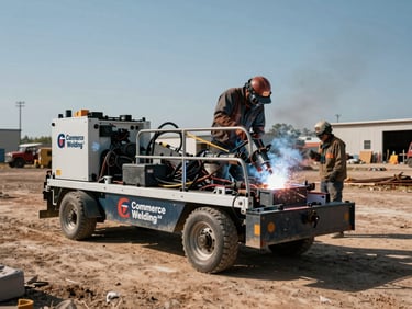 Medium-wide shot of a heavy-duty mobile welding rig, branded with 'Commerce Welding', parked on a dusty Texas job site under natural sun, ready for deployment. A certified welder in safety gear is visible near the rig.