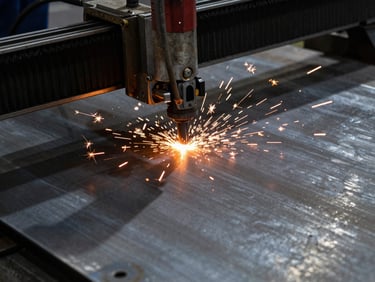 Close-up of a CNC plasma cutter precisely slicing heavy steel plate, sparks and molten metal visible, high-contrast industrial lighting, deep shadows, cool steel tones.