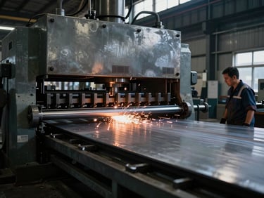 Medium shot of a large industrial press brake bending a heavy steel plate, operator in safety gear observing, high-contrast factory lighting, deep shadows, cool steel tones, 35mm.