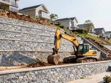 Wide environmental shot of a heavy excavator grading a residential hillside next to a massive, perfectly leveled stone retaining wall, bright morning daylight.