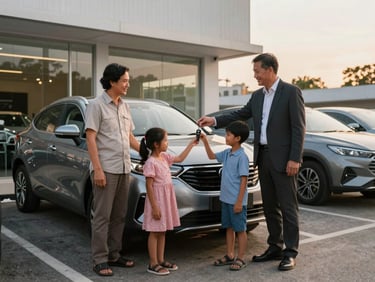 Wide landscape shot of a smiling Sabahan family receiving their car keys from an advisor outside a showroom during golden hour.