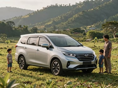 A silver Perodua Alza MPV parked in a lush green Kundasang valley, a local Sabahan family smiling nearby, warm afternoon sun casting soft shadows.
