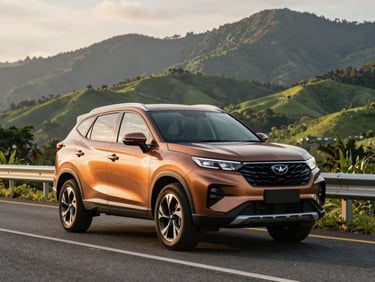 A rugged bronze Perodua Aruz SUV parked on a highway overlooking the green hills of Ranau, dramatic mountain backdrop, warm golden hour lighting.