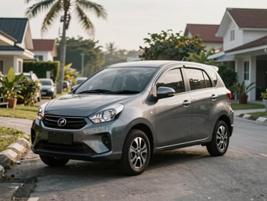 A compact grey Perodua Axia parked in a quiet residential neighborhood in Sabah, clean streets, bright morning tropical light.