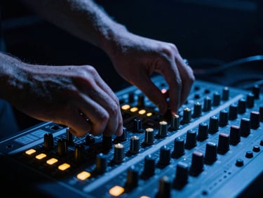Intimate close-up of hands adjusting knobs on an analog sound mixer, cool blue stage lighting, deep shadows