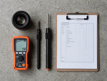 Overhead flat-lay of inspection tools — moisture meter, probe, and clipboard with technical notes — laid on a concrete surface under controlled studio lighting, precise arrangement