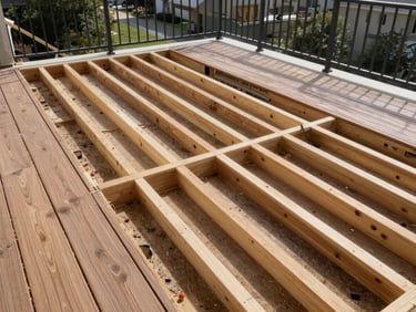 Wide angle view of a balcony renovation in progress showing timber subframe and composite decking partially laid, natural daylight from above, precise framing geometry visible, no people