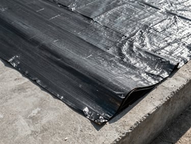 Extreme close-up overhead flat-lay of a waterproofing membrane layer being applied to a concrete balcony substrate, controlled studio lighting revealing texture and material layers, trowel edge visible at lower right