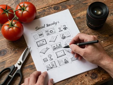 Overhead shot of a rustic wooden table with a hand sketching a weekly social media grid layout on parchment paper, fresh heirloom tomatoes and kitchen shears resting nearby, soft side lighting.