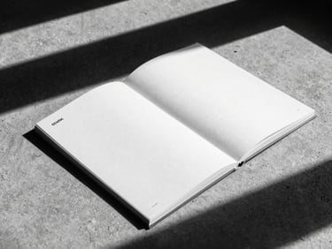 Stark high-contrast black and white photograph of a thick, printed minimalist brand book lying on raw concrete, hard directional sunlight, deep shadow, 35mm film