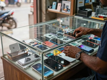 Small electronics shop counter in a Birpara market, mobile phones and accessories on display under glass, shop owner's hands visible arranging items, daylight from outside